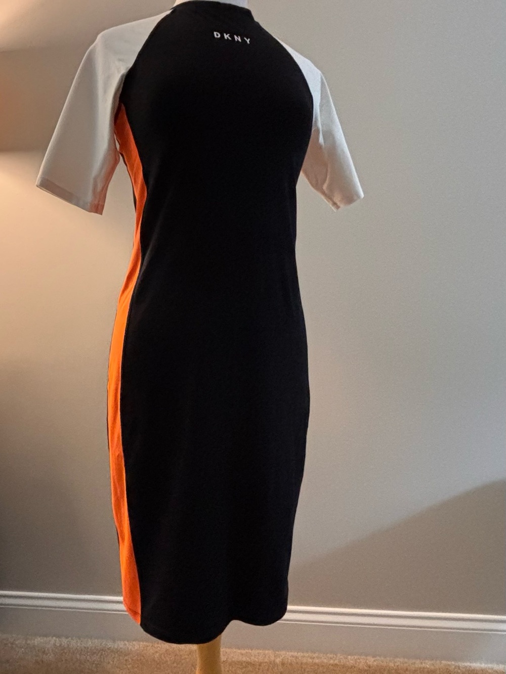 DKNY Black, White & Orange Colorblock Midi Dress